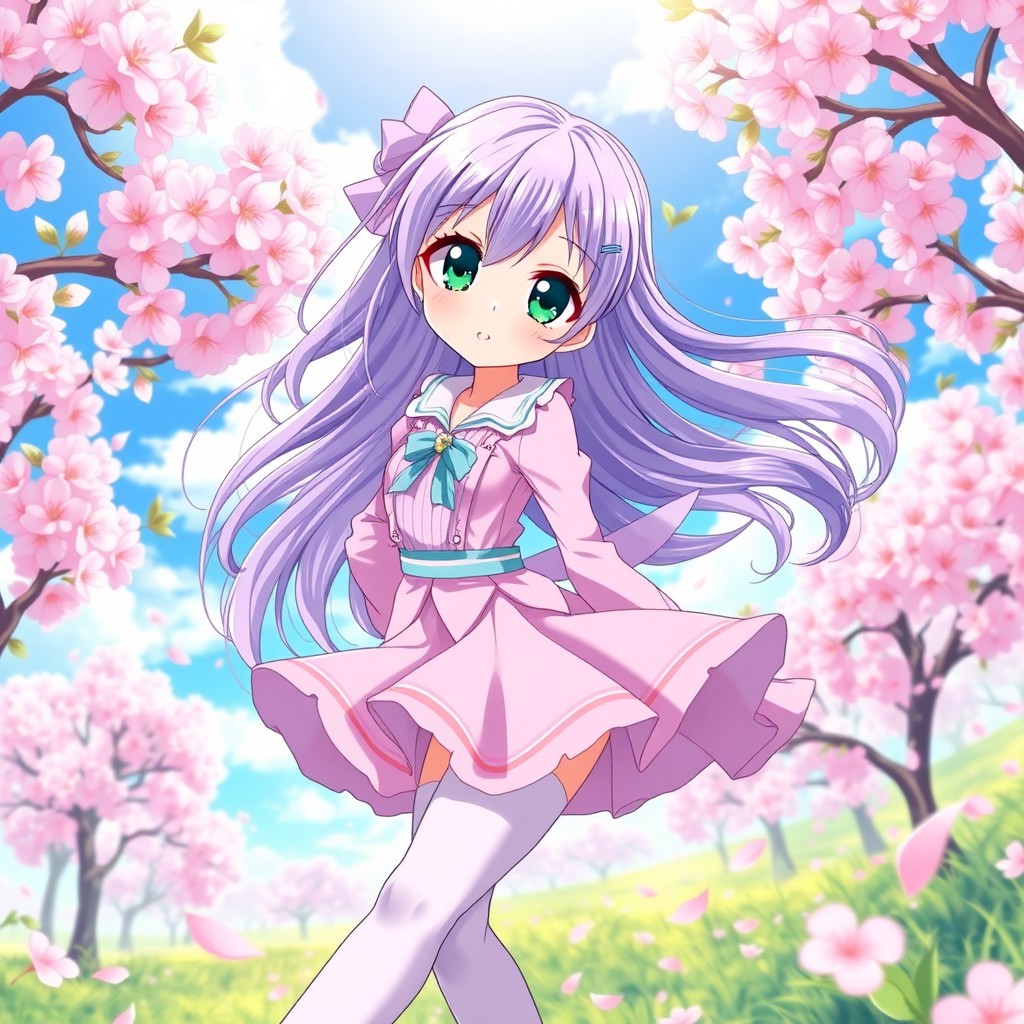 A beautifully detailed anime girl with long flowing lavender hair, wearing a stylish and colorful outfit featuring pastel shades of pink and blue