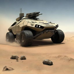 A futuristic version of the USMC LAV-25 APC done in a sci-fi style, complete with advanced weaponry and enhanced armor.