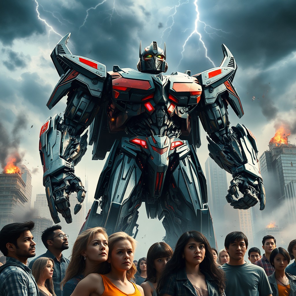 A thrilling scene from the movie 'Transformers: New Era' showcasing a colossal robotic Transformer standing amidst a cityscape, preparing for a fierce battle