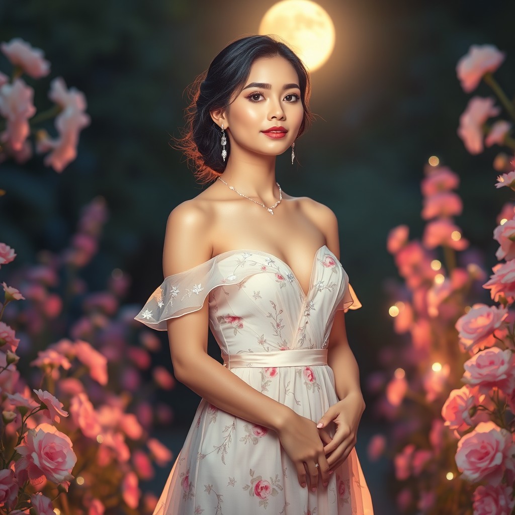 an elegantly dressed and made-up woman standing in a beautiful garden under the moonlight, surrounded by flowers and soft, glowing light that gives an ethereal feel