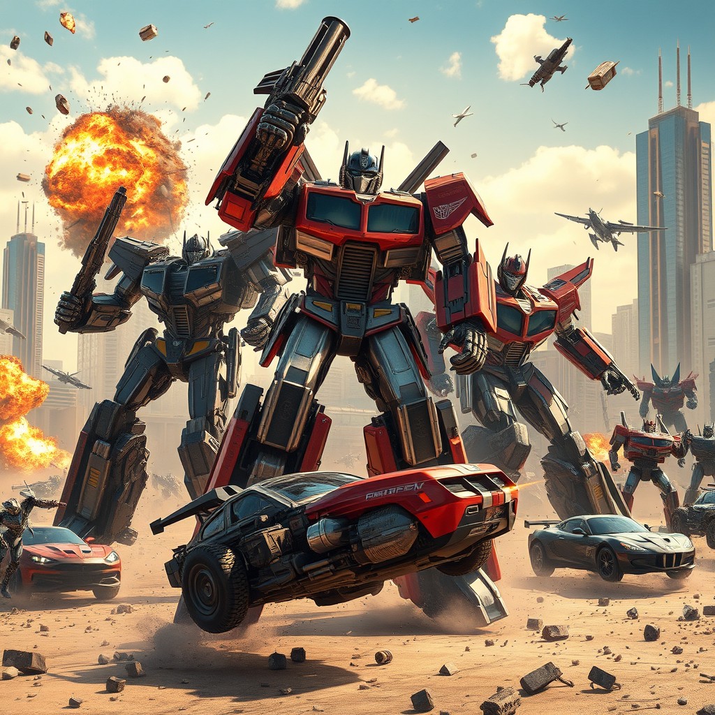 A dynamic and action-packed scene inspired by the Transformers franchise, featuring towering robots transforming into sleek vehicles amidst a sprawling futuristic cityscape