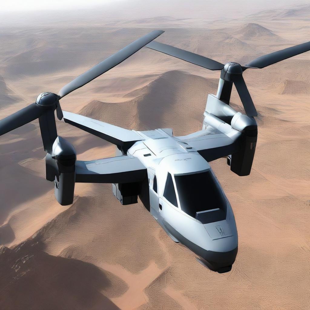 A futuristic interpretation of the V-22 Osprey, imbued with sci-fi elements, including advanced propulsion systems and state-of-the-art technology.