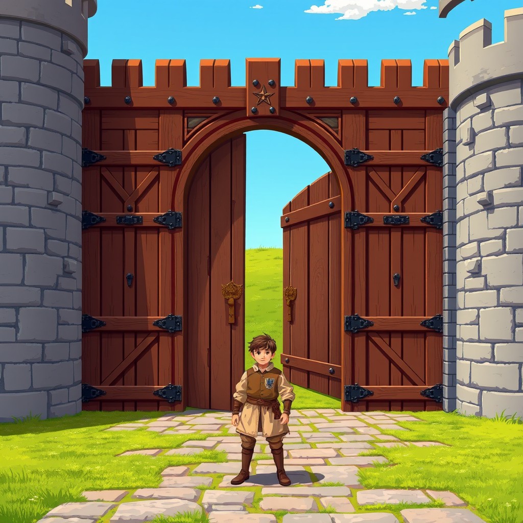 The large wooden gates of a medieval castle, with intricate carvings and heavy iron hinges