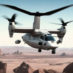 A futuristic interpretation of the V-22 Osprey, imbued with sci-fi elements, including advanced propulsion systems and state-of-the-art technology.