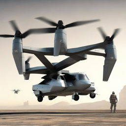 A futuristic interpretation of the V-22 Osprey, imbued with sci-fi elements, including advanced propulsion systems and state-of-the-art technology.