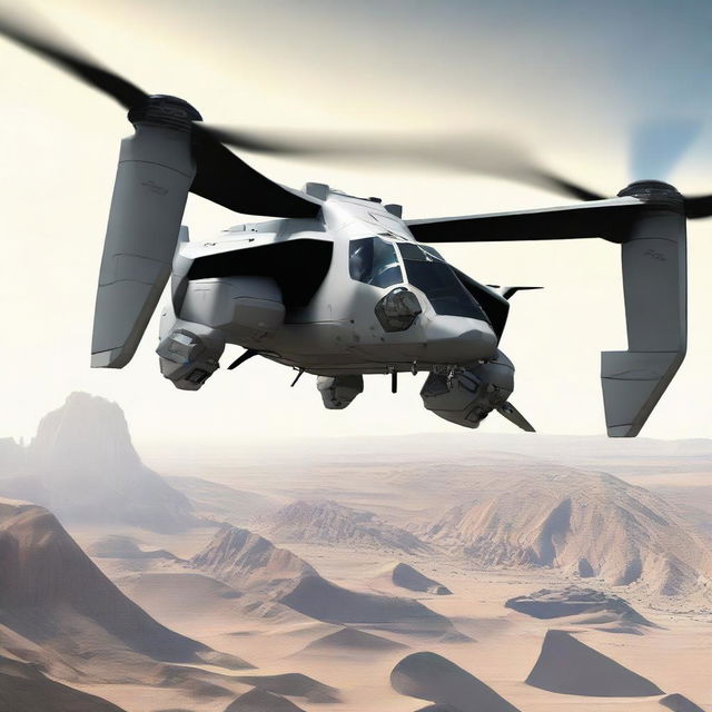 A futuristic interpretation of the V-22 Osprey, imbued with sci-fi elements, including advanced propulsion systems and state-of-the-art technology.