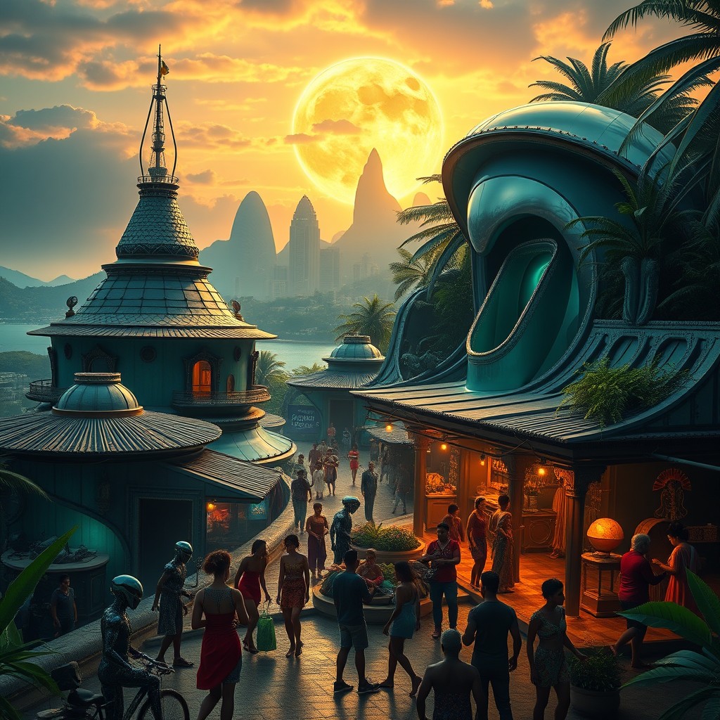 A stunning fusion of alien futuristic elements with the vibrant cultural essence of Rio de Janeiro and Bahia