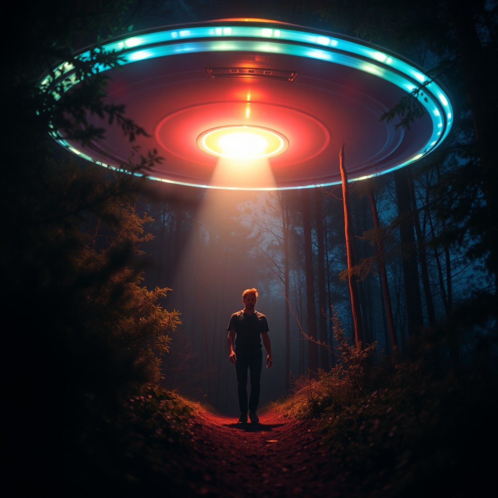 A dramatic scene depicting the abduction of a person on a forest trail, illuminated by an eerie light from a hovering alien spacecraft