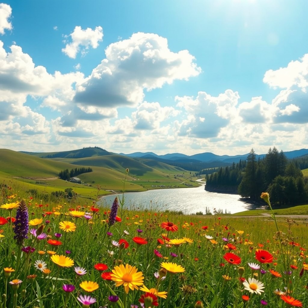 A stunningly enhanced photo featuring a serene landscape with rolling hills and a bright blue sky filled with fluffy white clouds