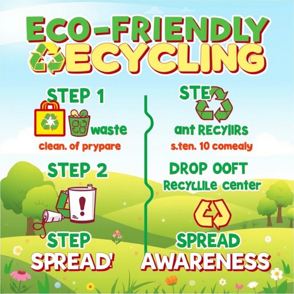 A bright and engaging poster promoting eco-friendly recycling steps, featuring vibrant illustrations of recycling symbols and earth-friendly imagery