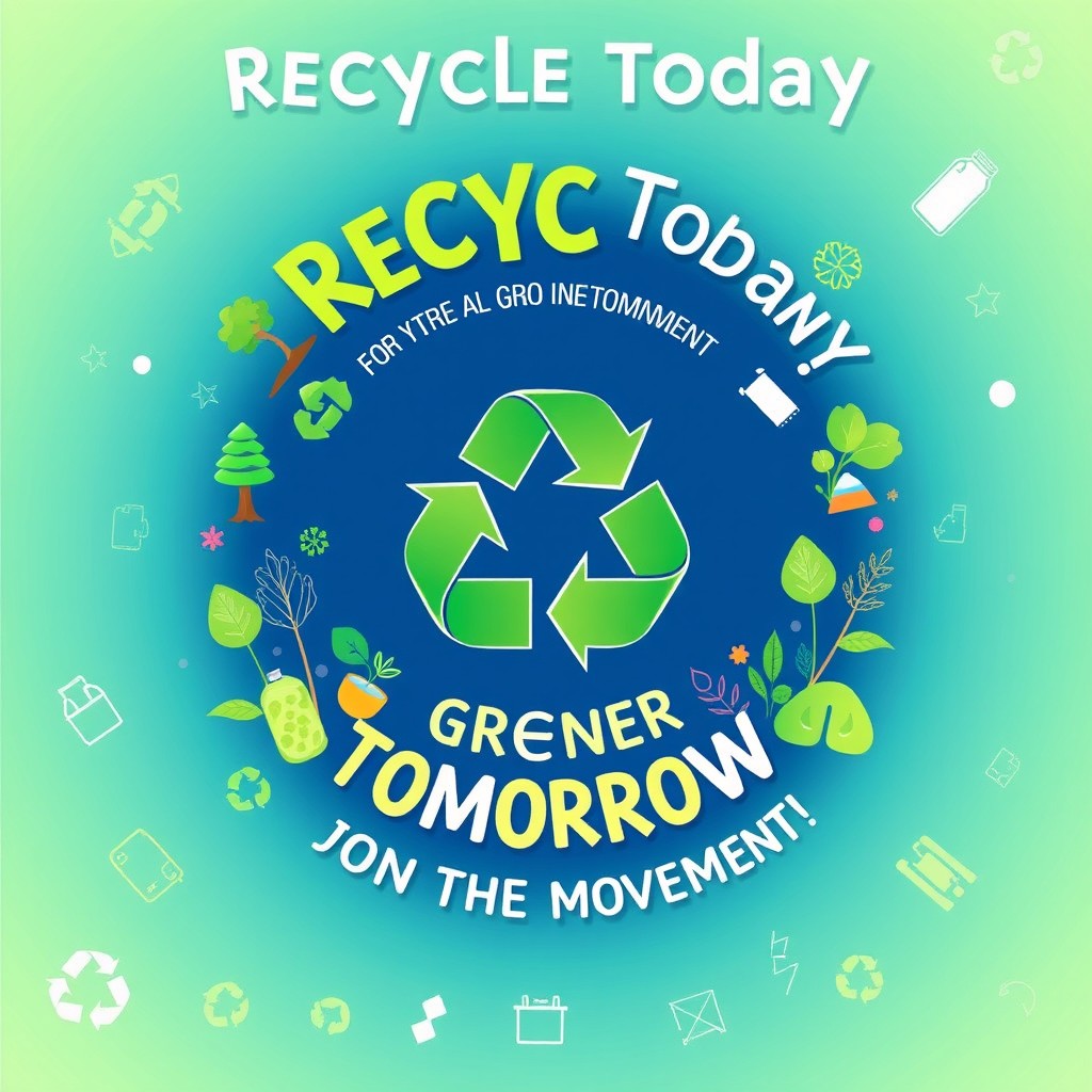 A visually appealing poster promoting eco-friendly recycling, featuring a large, eye-catching recycling symbol in the center, surrounded by vibrant illustrations of nature, including trees, plants, and animals
