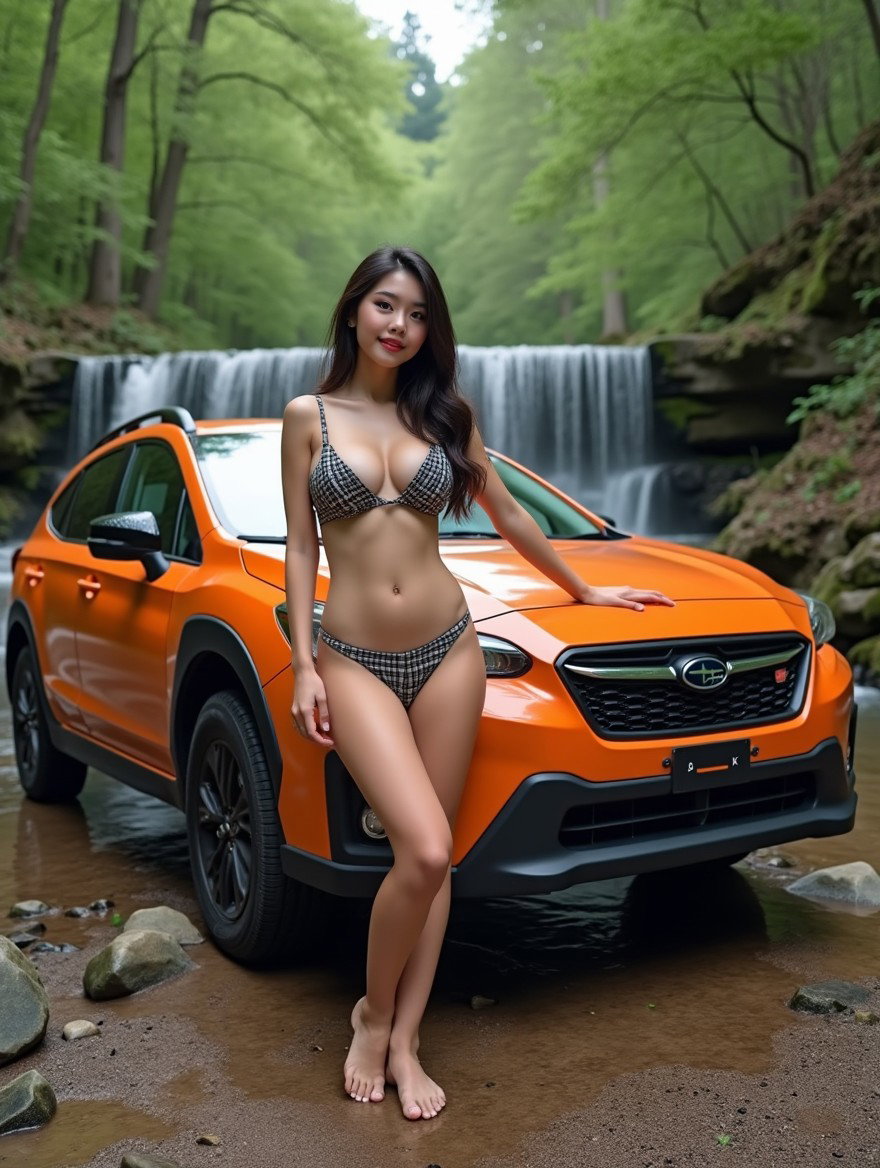 A stunningly beautiful 21-year-old Korean woman with dark hair, large breasts, and a juicy bum, wearing a black and white plaid bikini