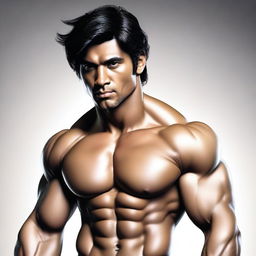 An image of a 30-year-old human with a toned body, caramel skin, chocolate brown eyes, and black hair