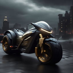 A stunning 8K resolution image of a luxurious, new concept of an offroad Batman pod bike, poised fiercely against a gloomy Gotham backdrop.