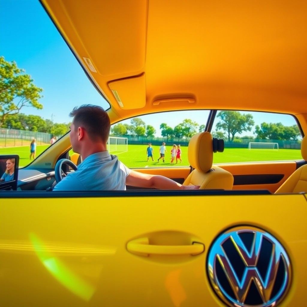 A man sitting inside a bright yellow Volkswagen Saveiro, with the vibrant soccer camp visible in the background