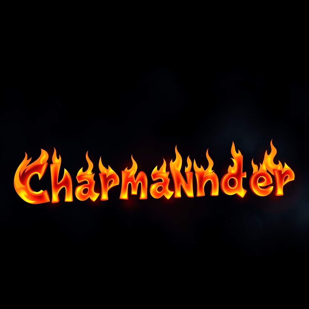 A vibrant and eye-catching nameplate featuring fiery letters that spell out the name "Charmander"