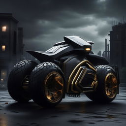 A stunning 8K resolution image of a luxurious, new concept of an offroad Batman pod bike, poised fiercely against a gloomy Gotham backdrop.