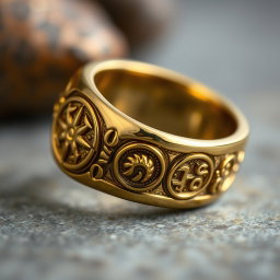 A close-up shot of an ornate golden ring featuring intricate, mysterious carvings