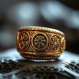 A close-up shot of an ornate golden ring featuring intricate, mysterious carvings