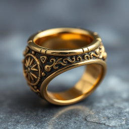 A close-up shot of an ornate golden ring featuring intricate, mysterious carvings