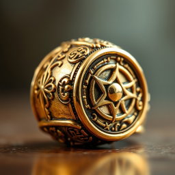 A close-up shot of an ornate golden ring featuring intricate, mysterious carvings