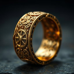 A close-up shot of an ornate golden ring showcasing intricate, mysterious carvings