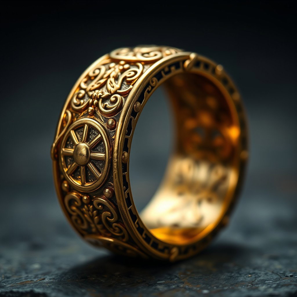 A close-up shot of an ornate golden ring showcasing intricate, mysterious carvings