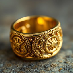 A close-up shot of an ornate golden ring showcasing intricate, mysterious carvings