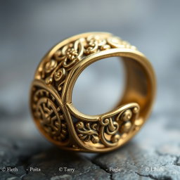 A close-up shot of an ornate golden ring showcasing intricate, mysterious carvings