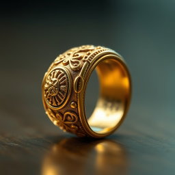 A close-up shot of an ornate golden ring showcasing intricate, mysterious carvings