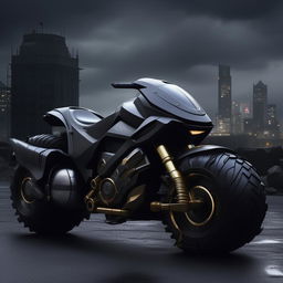 A stunning 8K resolution image of a luxurious, new concept of an offroad Batman pod bike, poised fiercely against a gloomy Gotham backdrop.