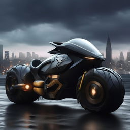 A stunning 8K resolution image of a luxurious, new concept of an offroad Batman pod bike, poised fiercely against a gloomy Gotham backdrop.