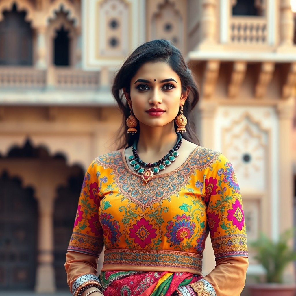 A stunning Rajasthani woman, known as Bhabhi, wearing a bold, intricately designed blouse that showcases vibrant colors and traditional patterns
