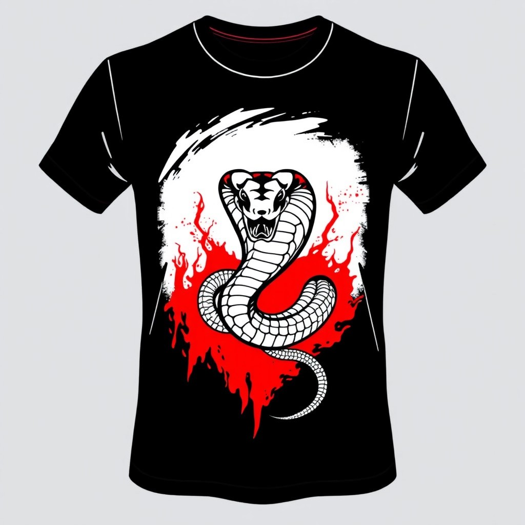 A striking T-shirt design featuring a color scheme of black, white, and red