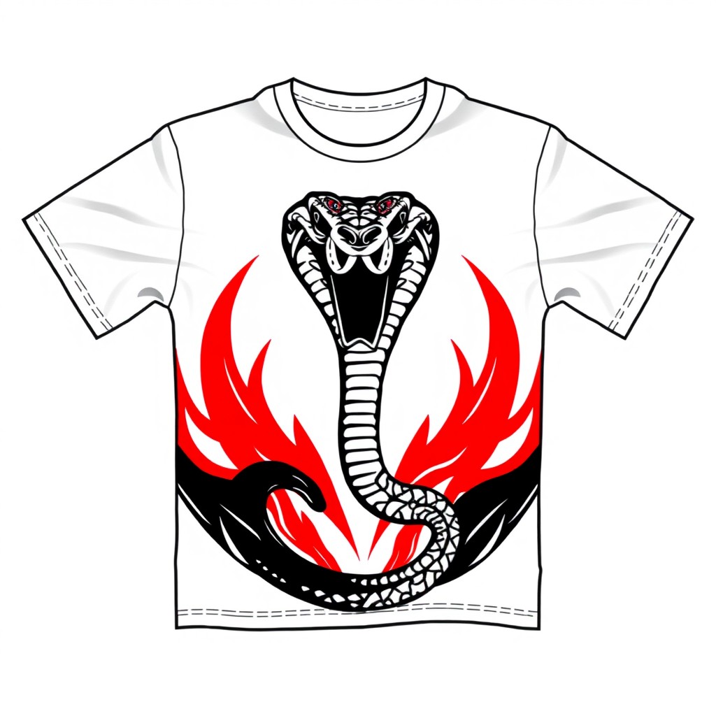 A striking T-shirt design predominantly featuring white as the base color, complemented by black and red accents