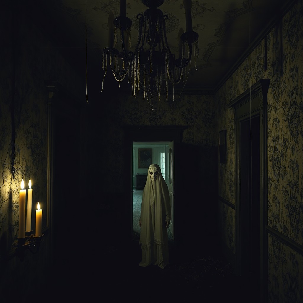 A haunting scene in an abandoned Victorian mansion, shrouded in darkness and mystery