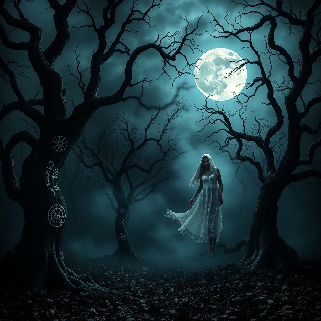 A dark and foreboding haunted forest under a menacing full moon, eerie fog swirling around gnarled trees with twisted branches