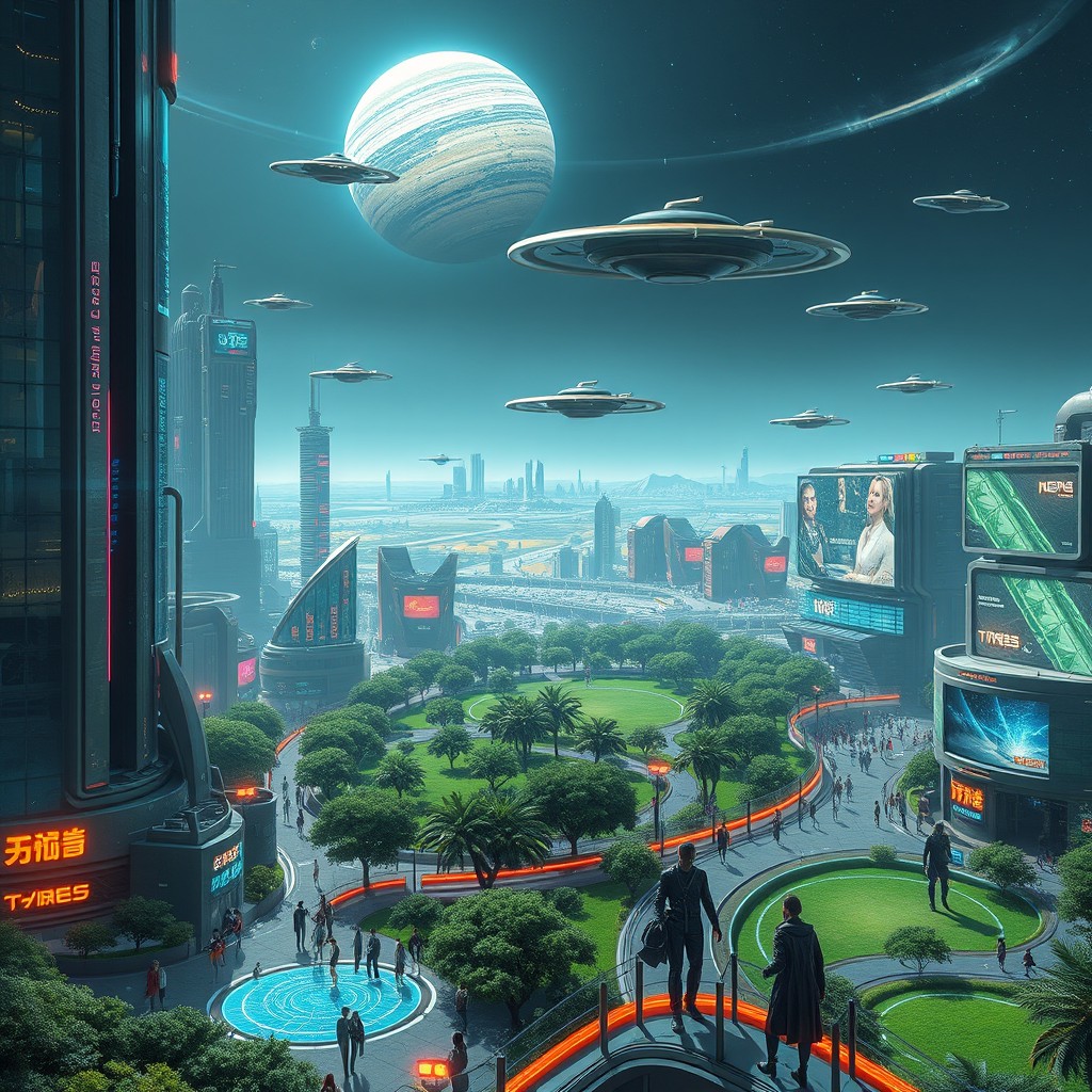 A futuristic sci-fi landscape depicting a sprawling city with towering skyscrapers made of glass and metal, with flying vehicles zipping through the neon-lit sky
