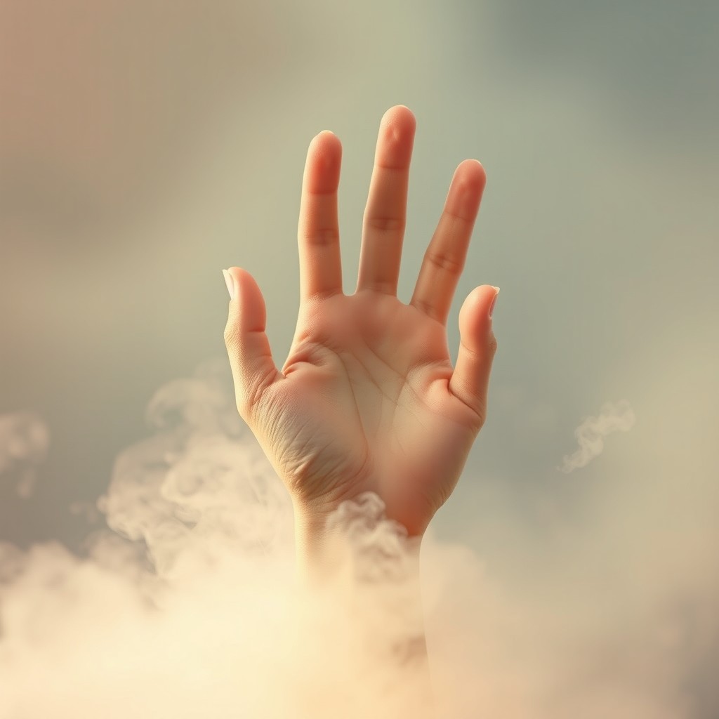 A hand emerging from an ethereal mist, gracefully waving at the viewer
