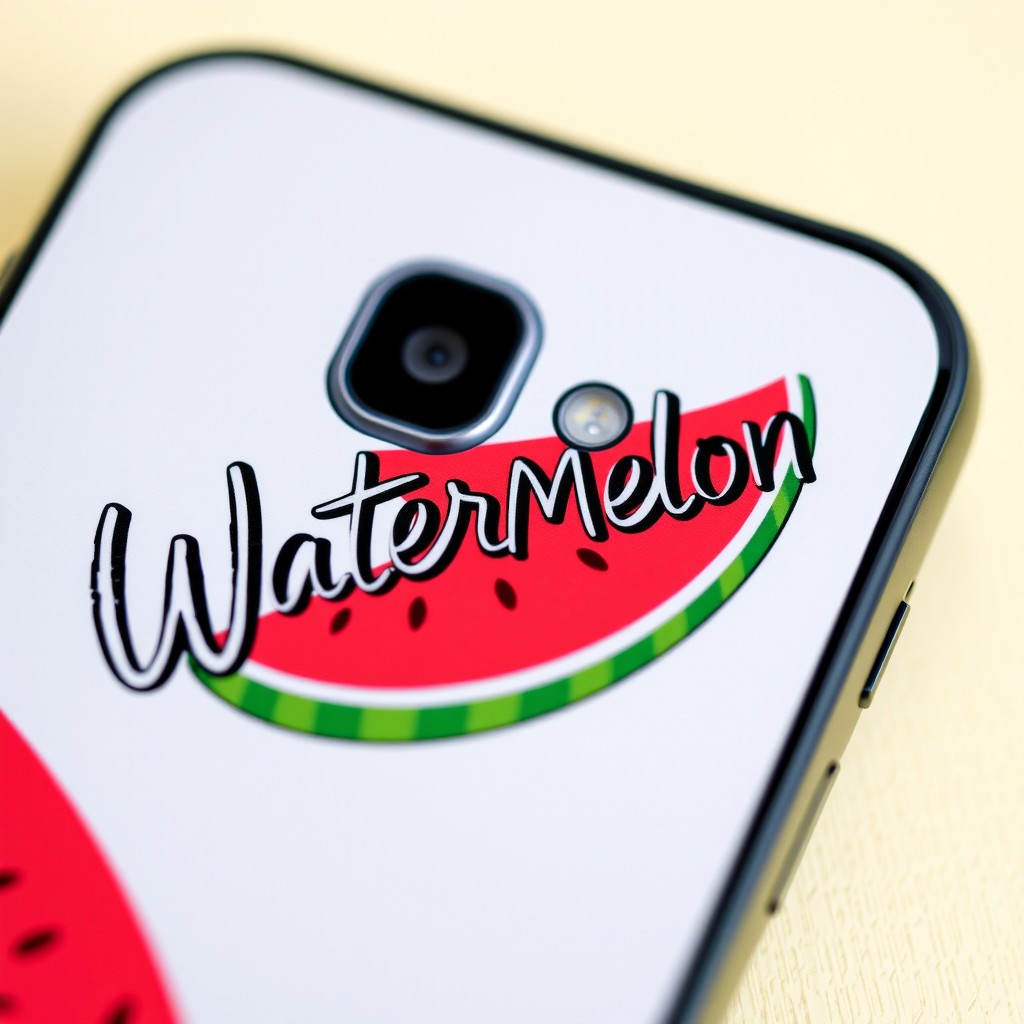 A close-up image of a smartphone's back cover, featuring an artistic design with the word 'WaterMelon' prominently displayed