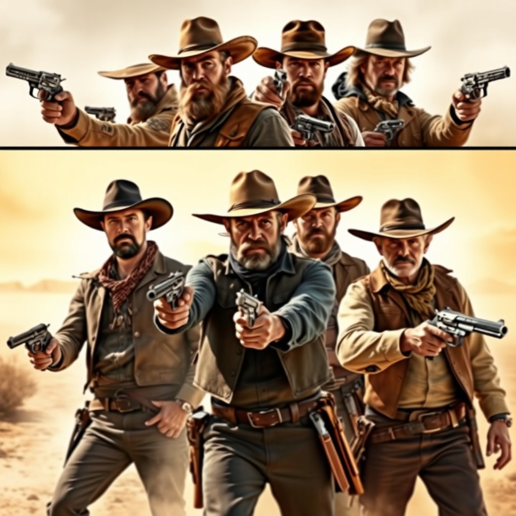 Eight distinct, cinematic Western characters, each holding a pistol in their hand