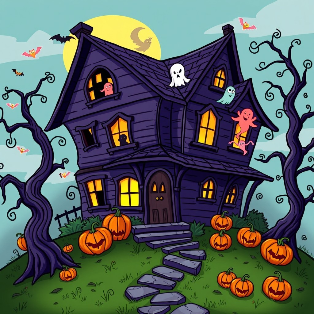 A cartoonish haunted house with exaggerated features such as crooked windows, a spooky moon peeking out from behind, and colorful, whimsical ghosts floating around