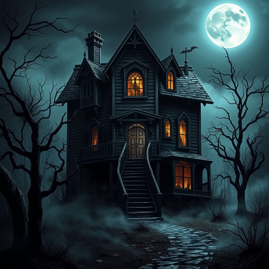 A classic haunted house depicted in a spooky and atmospheric style