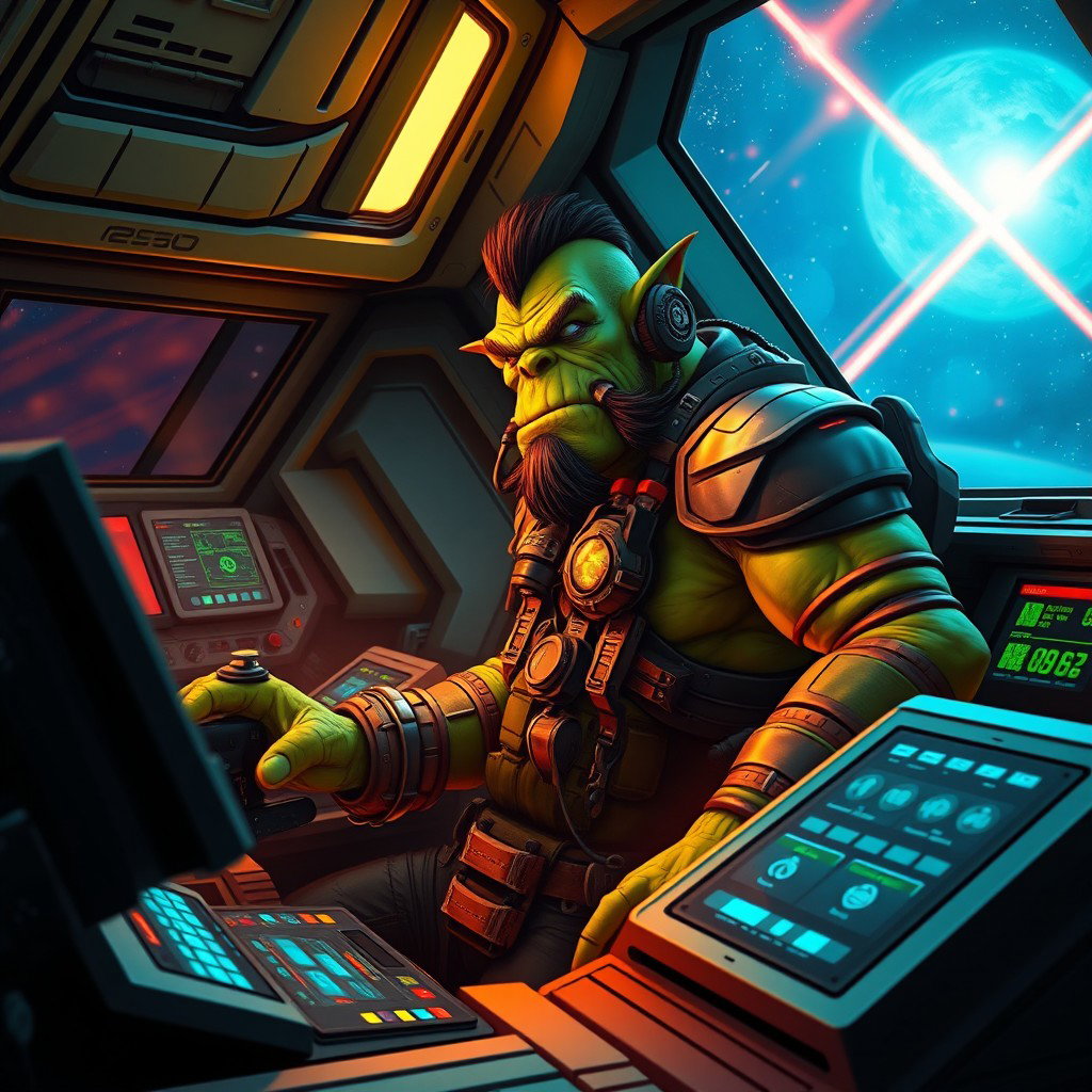 An orc spaceship gunner, depicted in an intense action pose, sitting at a high-tech control panel of a futuristic spacecraft
