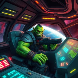 An orc spaceship gunner, depicted in an intense action pose, sitting at a high-tech control panel of a futuristic spacecraft