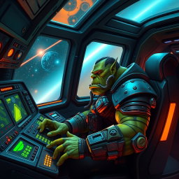 An orc spaceship gunner, depicted in an intense action pose, sitting at a high-tech control panel of a futuristic spacecraft