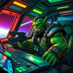 An orc spaceship gunner, depicted in an intense action pose, sitting at a high-tech control panel of a futuristic spacecraft