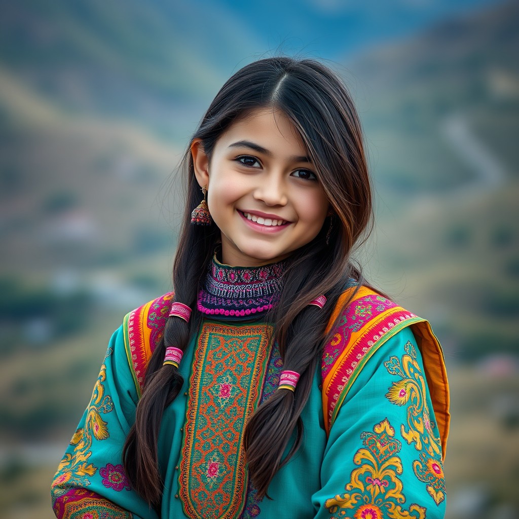 A beautiful Hazara girl wearing traditional clothing, showcasing vibrant colors and intricate patterns, with a warm and inviting smile