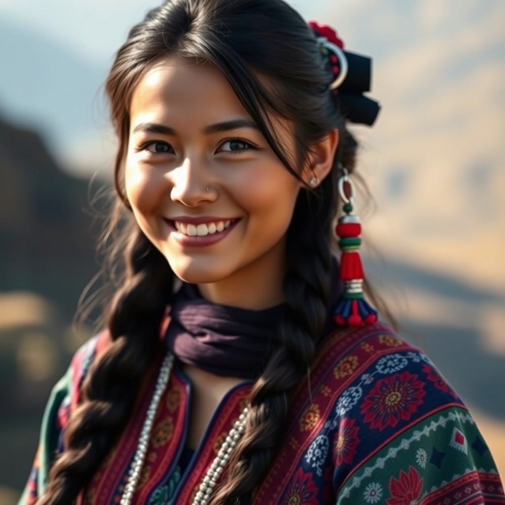 A beautiful Hazara woman wearing traditional clothing, characterized by vibrant colors and intricate patterns, with a warm and genuine smile