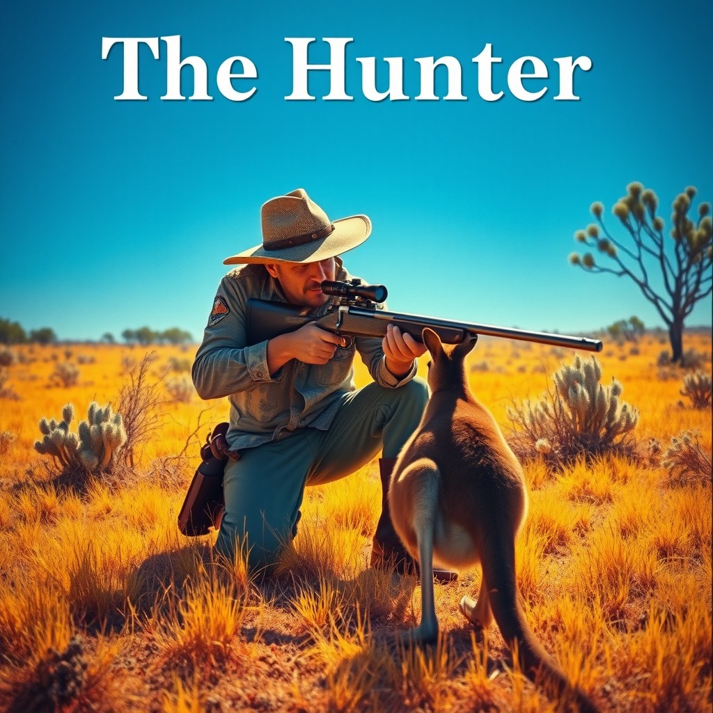 A human hunter kneeling in the vibrant Australian outback, holding a rifle aimed at a kangaroo in front of him
